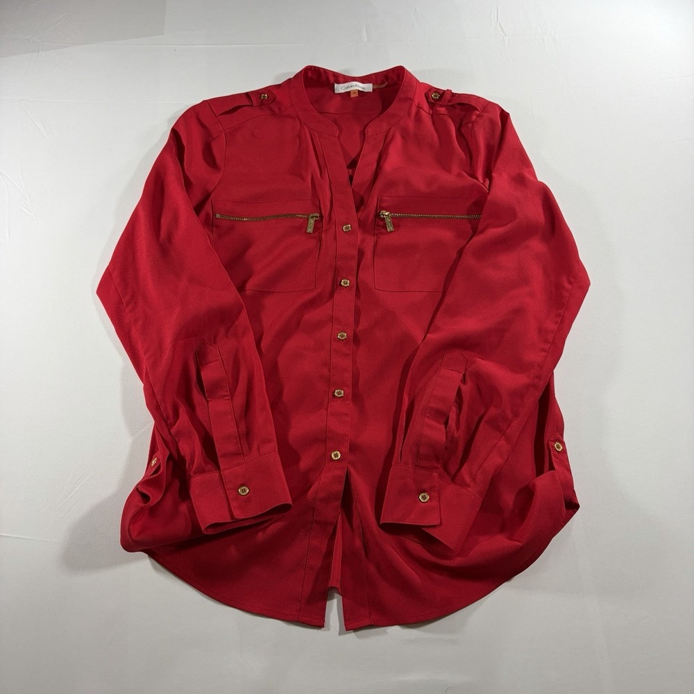 Calvin Klein Women's XS Red Utility Blouse Gold Zip Pocket Button Shirt Roll Tab - Picture 7 of 8
